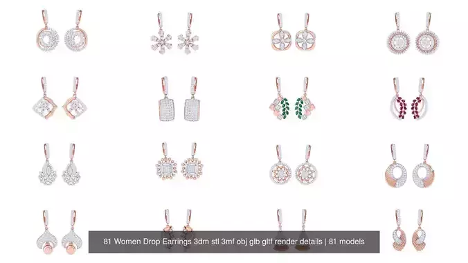 81 Women Drop Earrings 3dm stl 3mf obj glb gltf render details 3D Model Collection