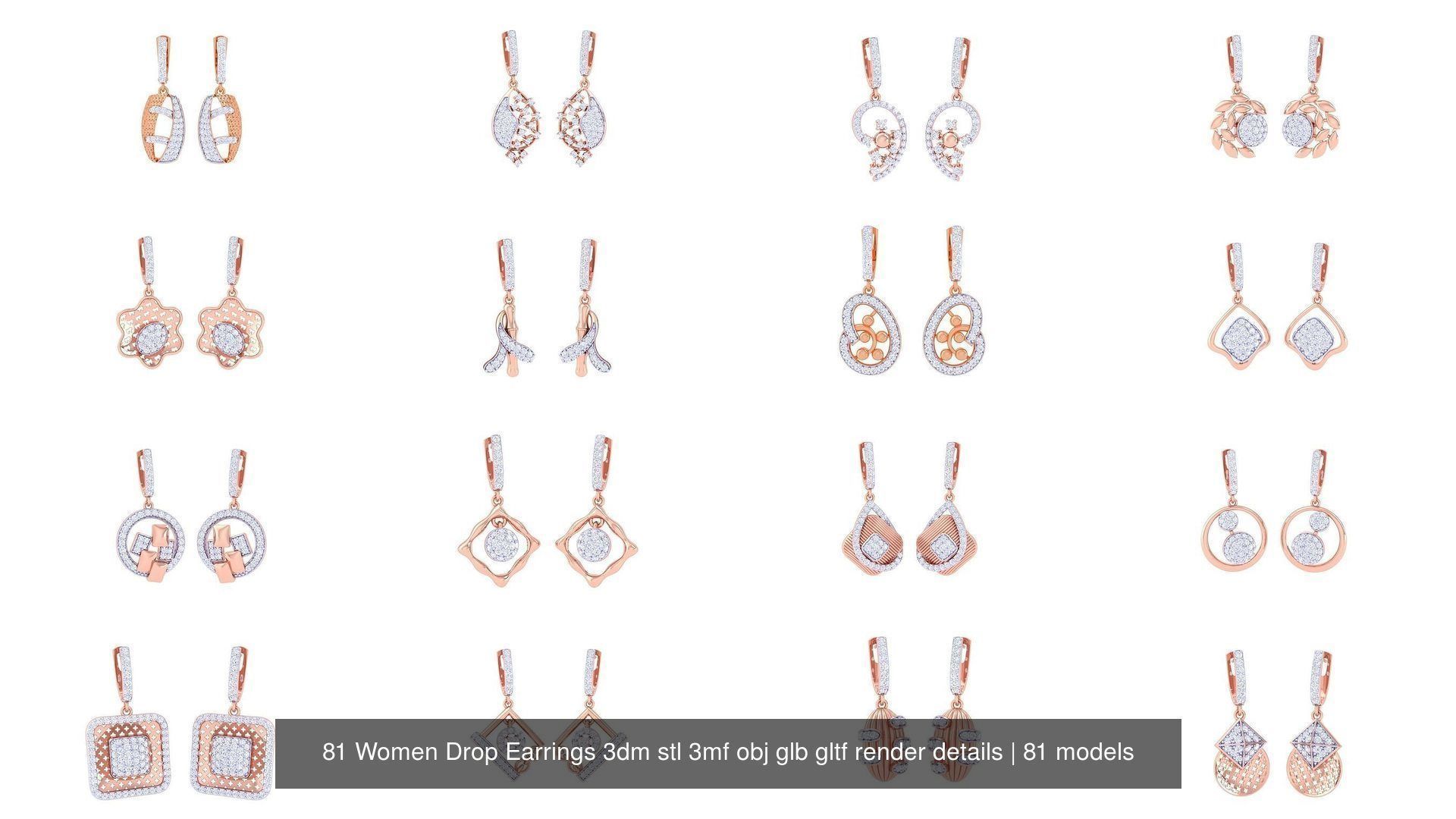 81 Women Drop Earrings 3dm stl 3mf obj glb gltf render details 3D Model Collection_2