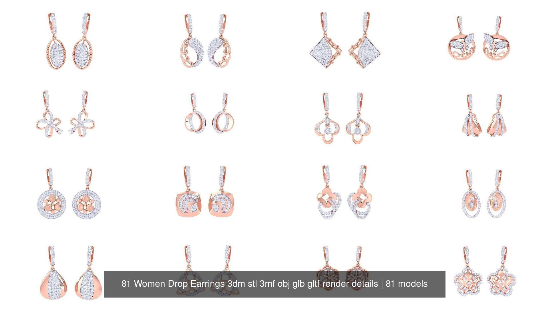 81 Women Drop Earrings 3dm stl 3mf obj glb gltf render details 3D Model Collection_3