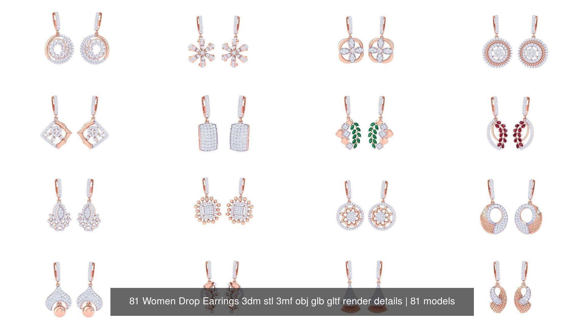 81 Women Drop Earrings 3dm stl 3mf obj glb gltf render details 3D Model Collection_1