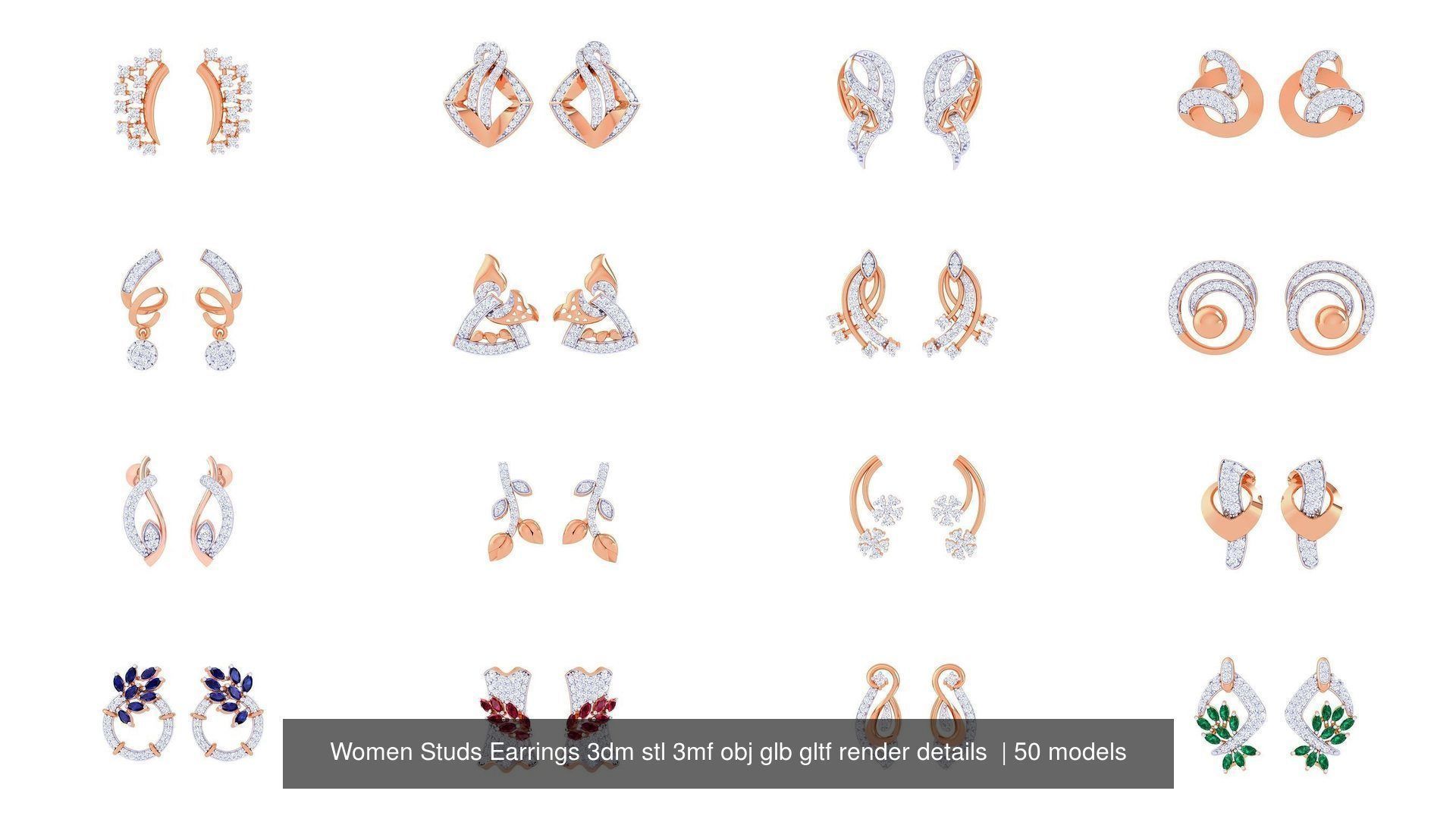 50 Women Studs Earrings 3dm stl 3mf obj glb gltf render details  3D Model Collection_3
