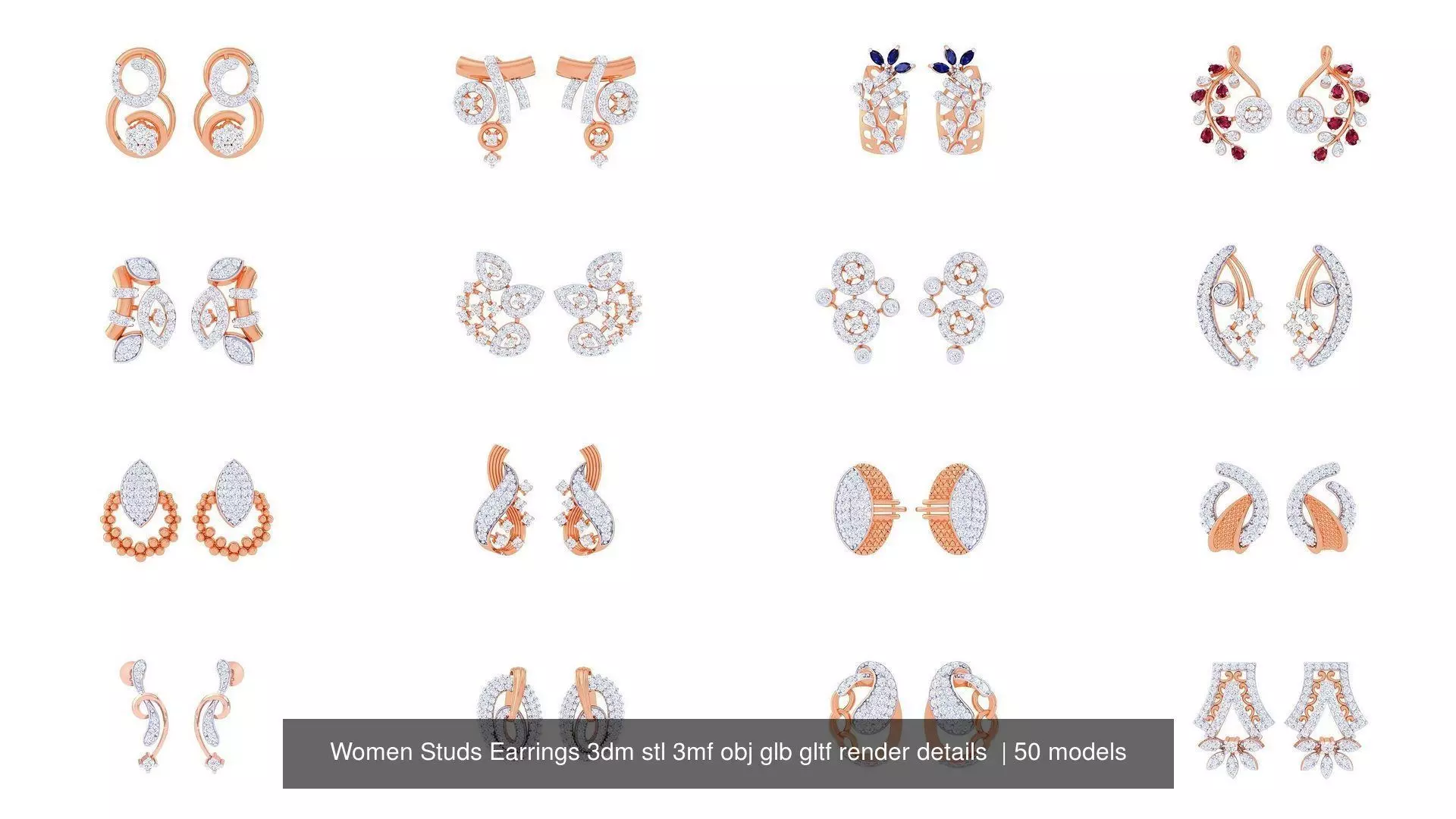 50 Women Studs Earrings 3dm stl 3mf obj glb gltf render details  3D Model Collection_0