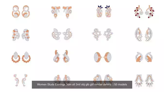 50 Women Studs Earrings 3dm stl 3mf obj glb gltf render details  3D Model Collection
