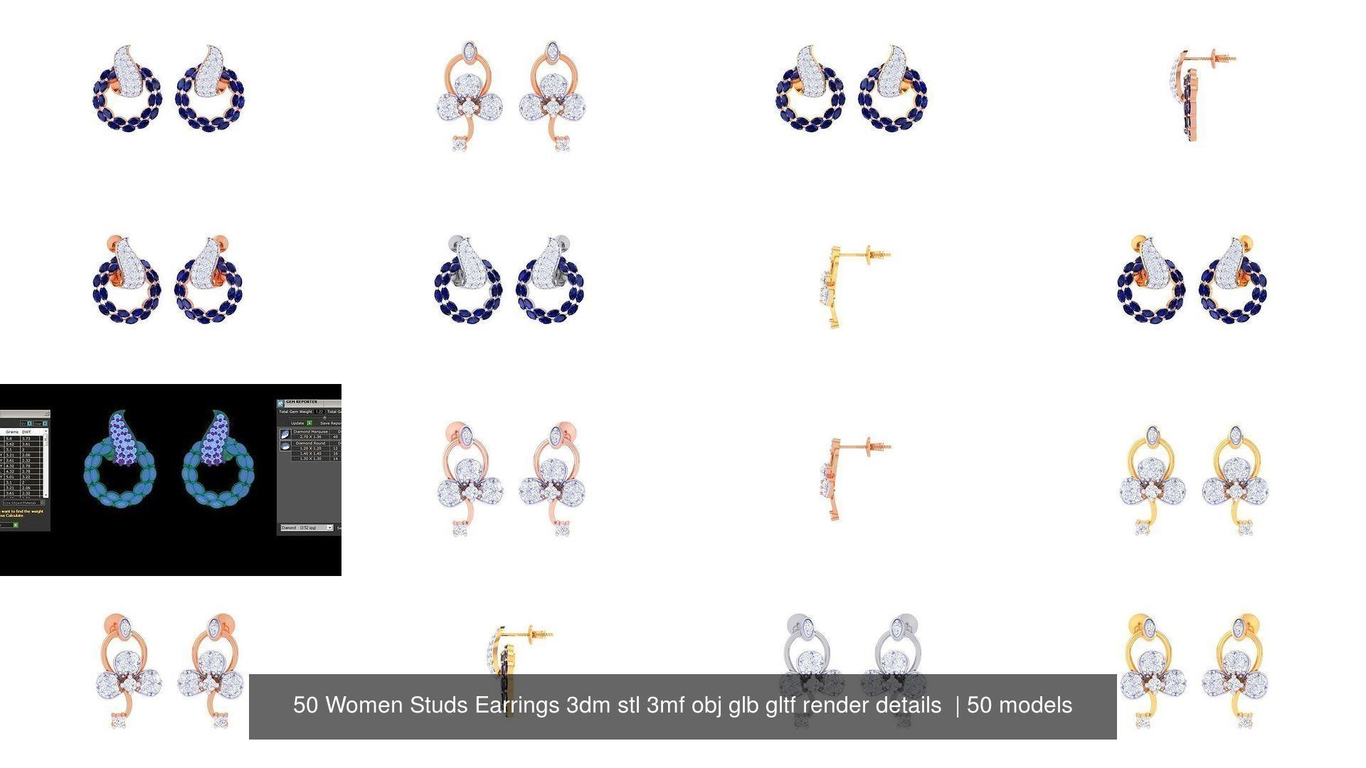 50 Women Studs Earrings 3dm stl 3mf obj glb gltf render details  3D Model Collection_5