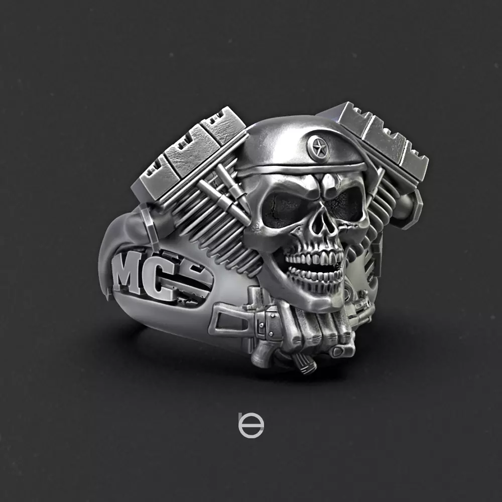 A man ring with a skull and a biker machine gun 3D print model_0