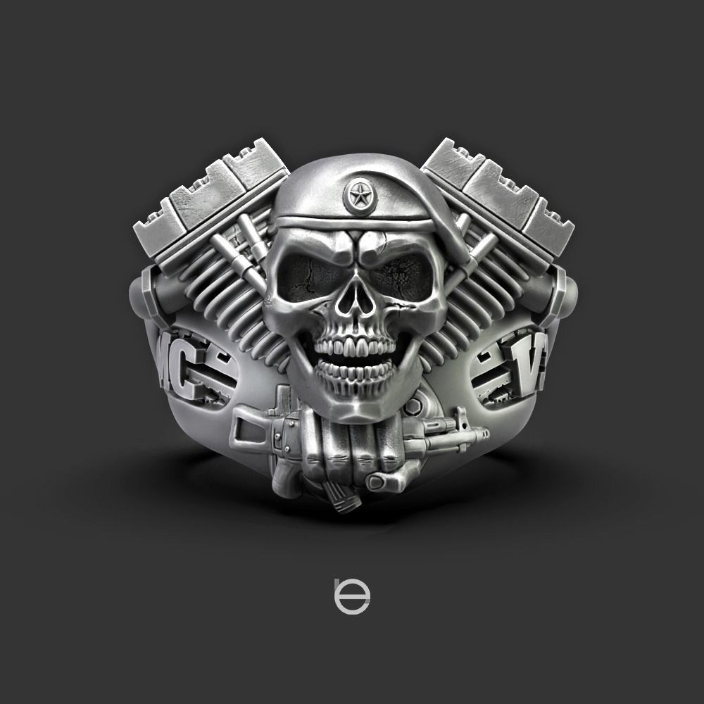 A man ring with a skull and a biker machine gun 3D print model_1