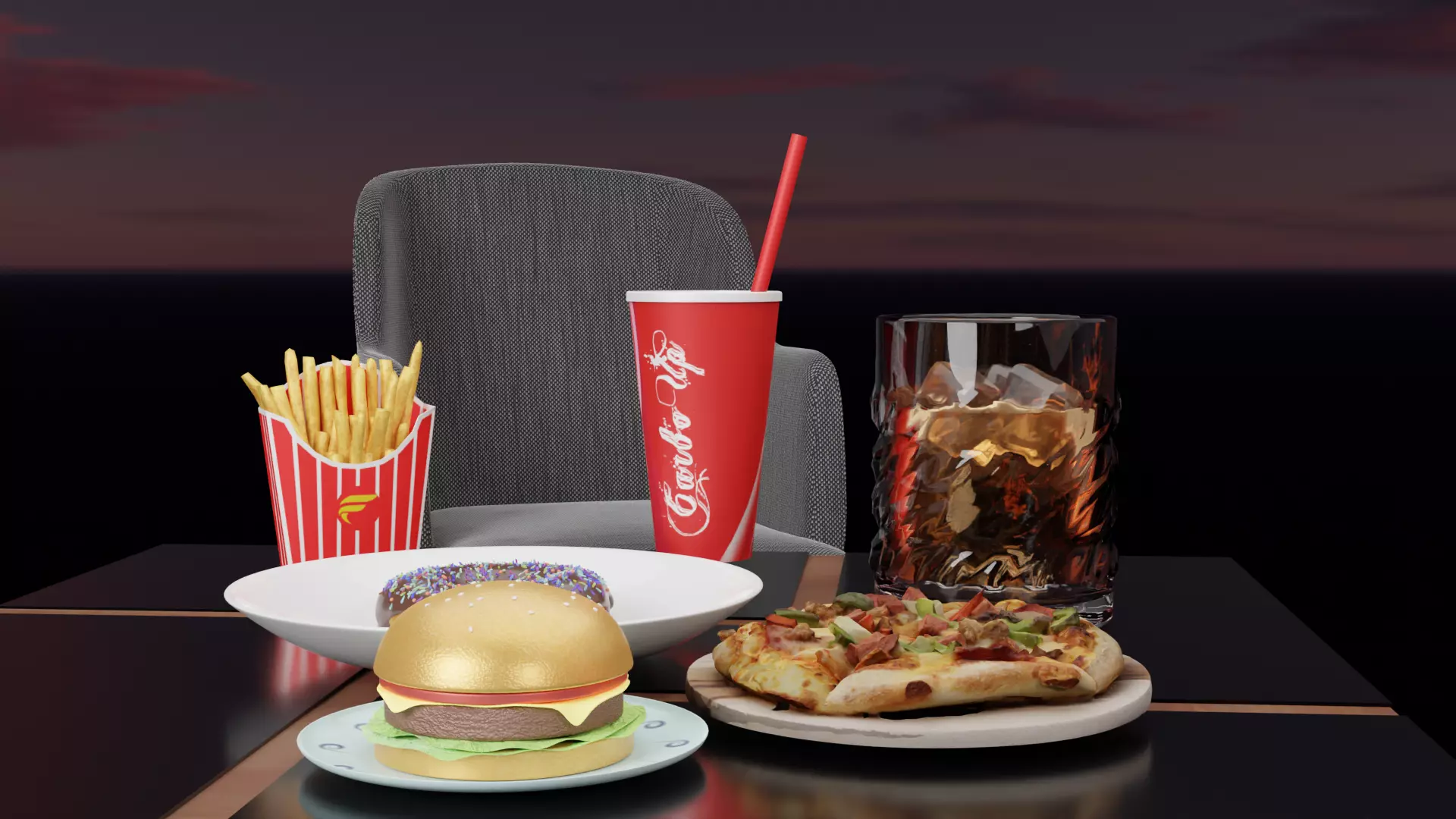 Table Full of Fast Foods Low-poly 3D model_0