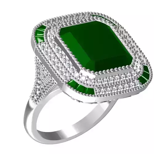 Emerald Cut Stone Double Halo Cathedral Ring