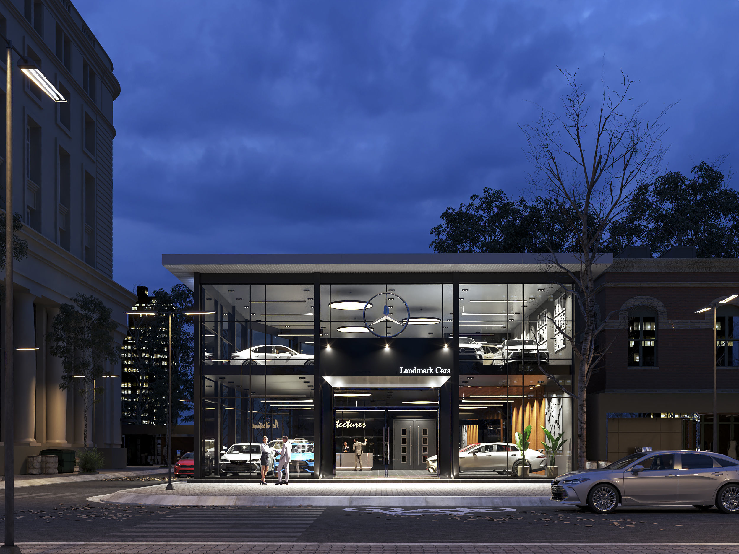 Exterior House - Night Scene 3D - Car showroom 3D model_1