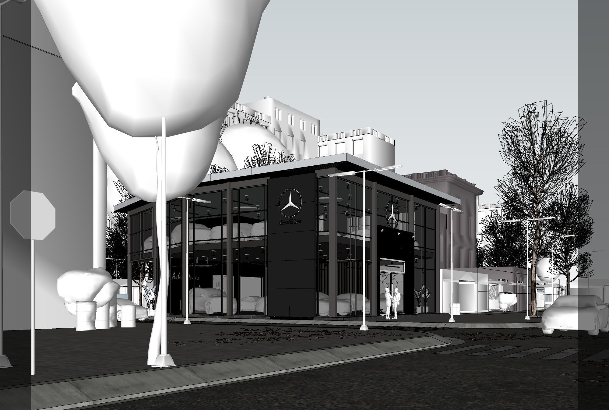 Exterior House - Night Scene 3D - Car showroom 3D model_7