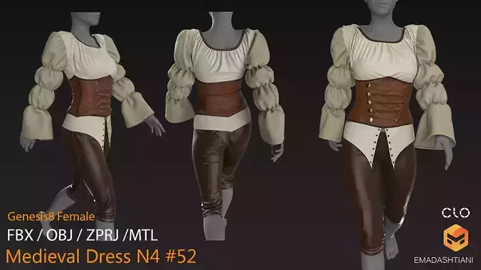 Medieval Dress N4 52  MarvelousDesigner-CLO3D ZPRJ FBX OBJ MTL