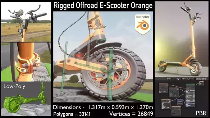 Orange Off-Road E-Scooter Low-Poly and Rigged  Low-poly 3D model