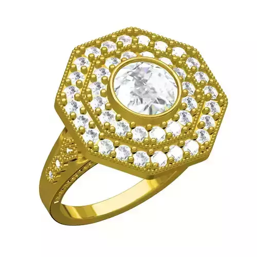 Round Bezel Octagon Double Halo Engagement Ring