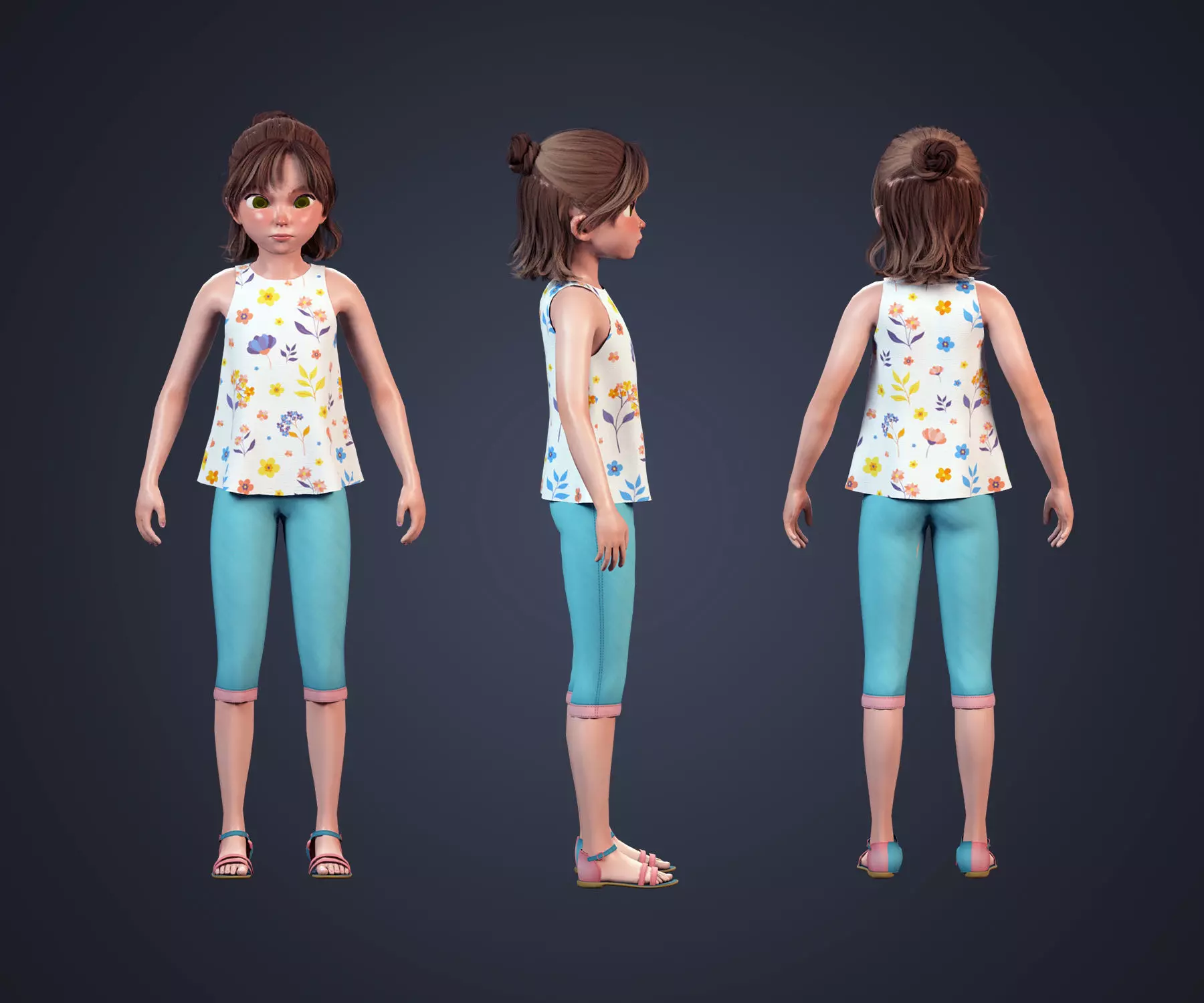 Little teenage girl cartoon character Rigged Low-poly 3D model
