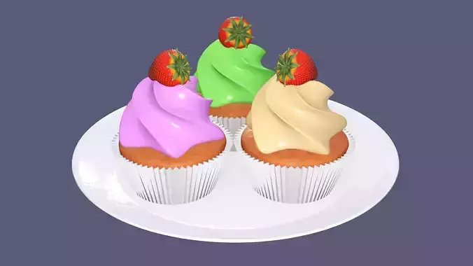 Plate with Strawberry Cream Cupcakes 3D model