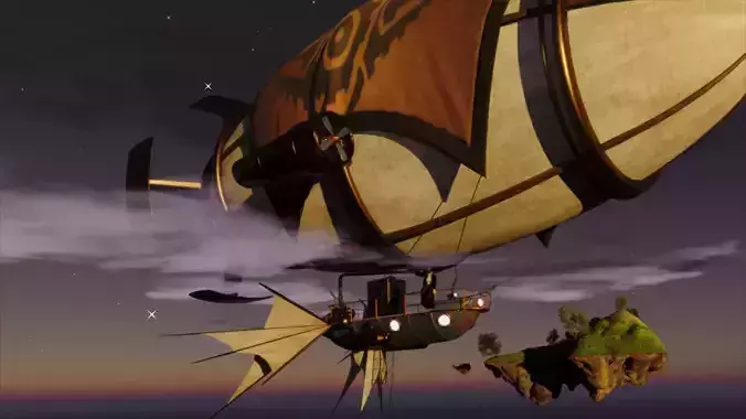 Rigged steam punk character and airship scene 3D model