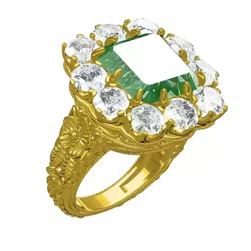 Unique Emerald Stone Round Halo Art Deco Engraving Design Ring 3D print model