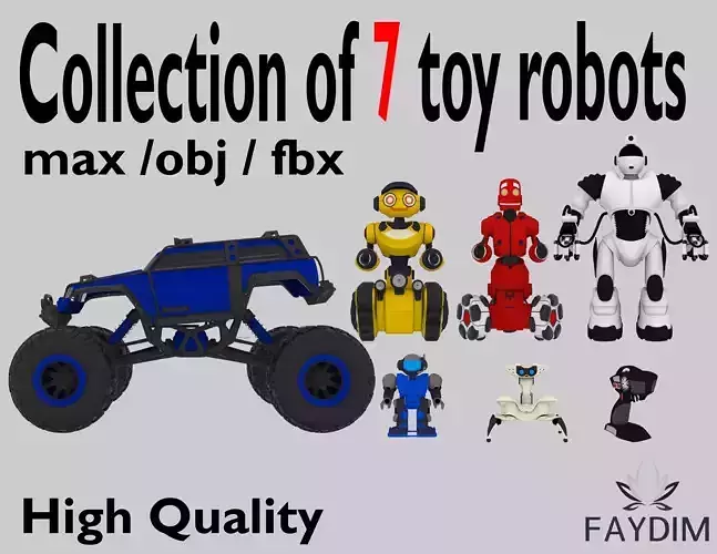 Collection of 7 toy robots 3D model