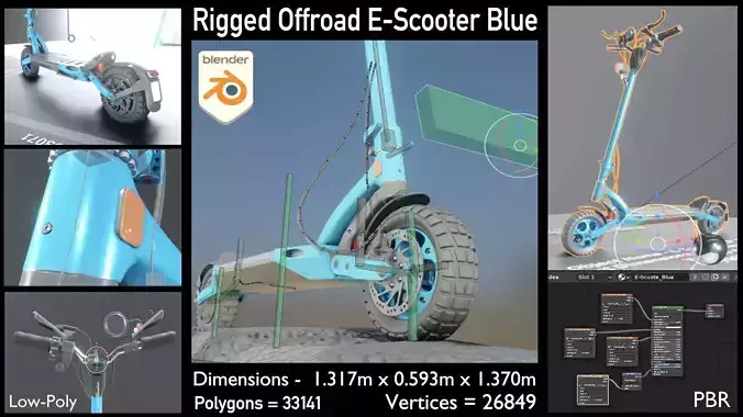 Blue Off-Road E-Scooter Low-Poly and Rigged  Low-poly 3D model