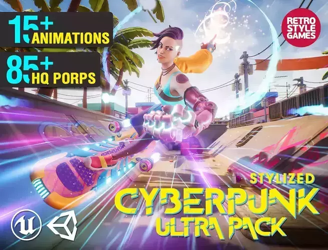Stylized Cyberpunk 3D Animated Character and City Props Pack Low-poly 3D model