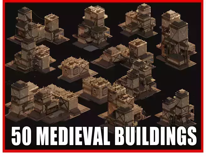 50 Medieval Building Castle Town House Pack City Kitbash