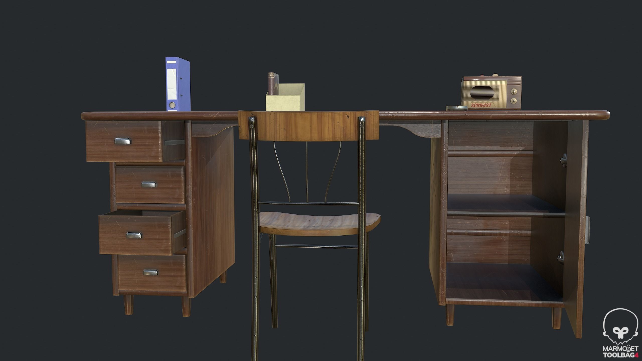 PBR Vintage Writing Table - Desk - Vintage Radio Low-poly 3D model_12