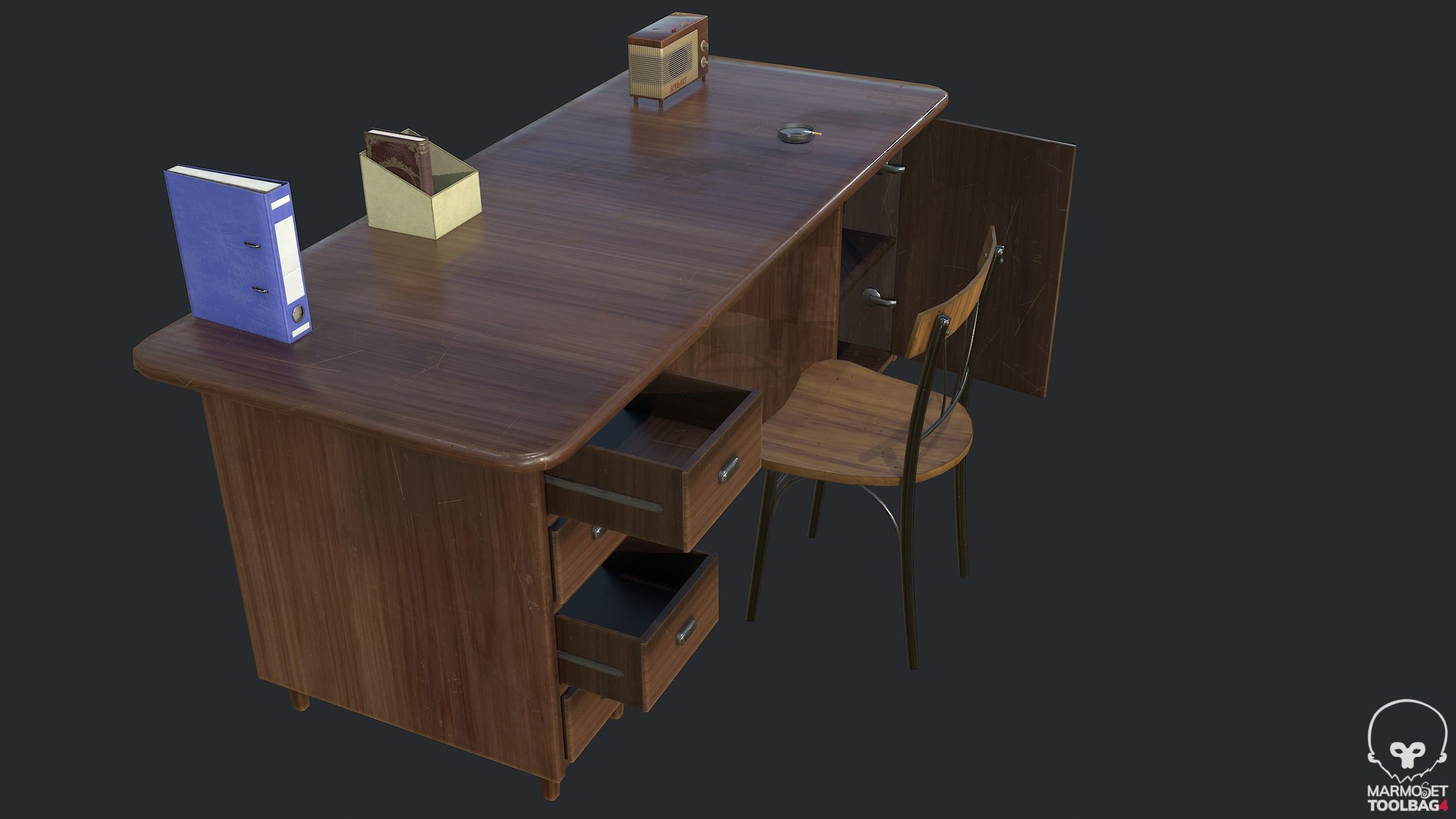 PBR Vintage Writing Table - Desk - Vintage Radio Low-poly 3D model_11