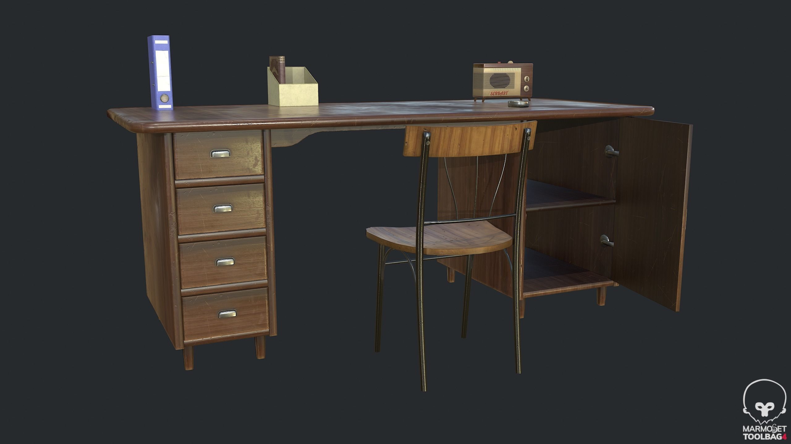 PBR Vintage Writing Table - Desk - Vintage Radio Low-poly 3D model_10