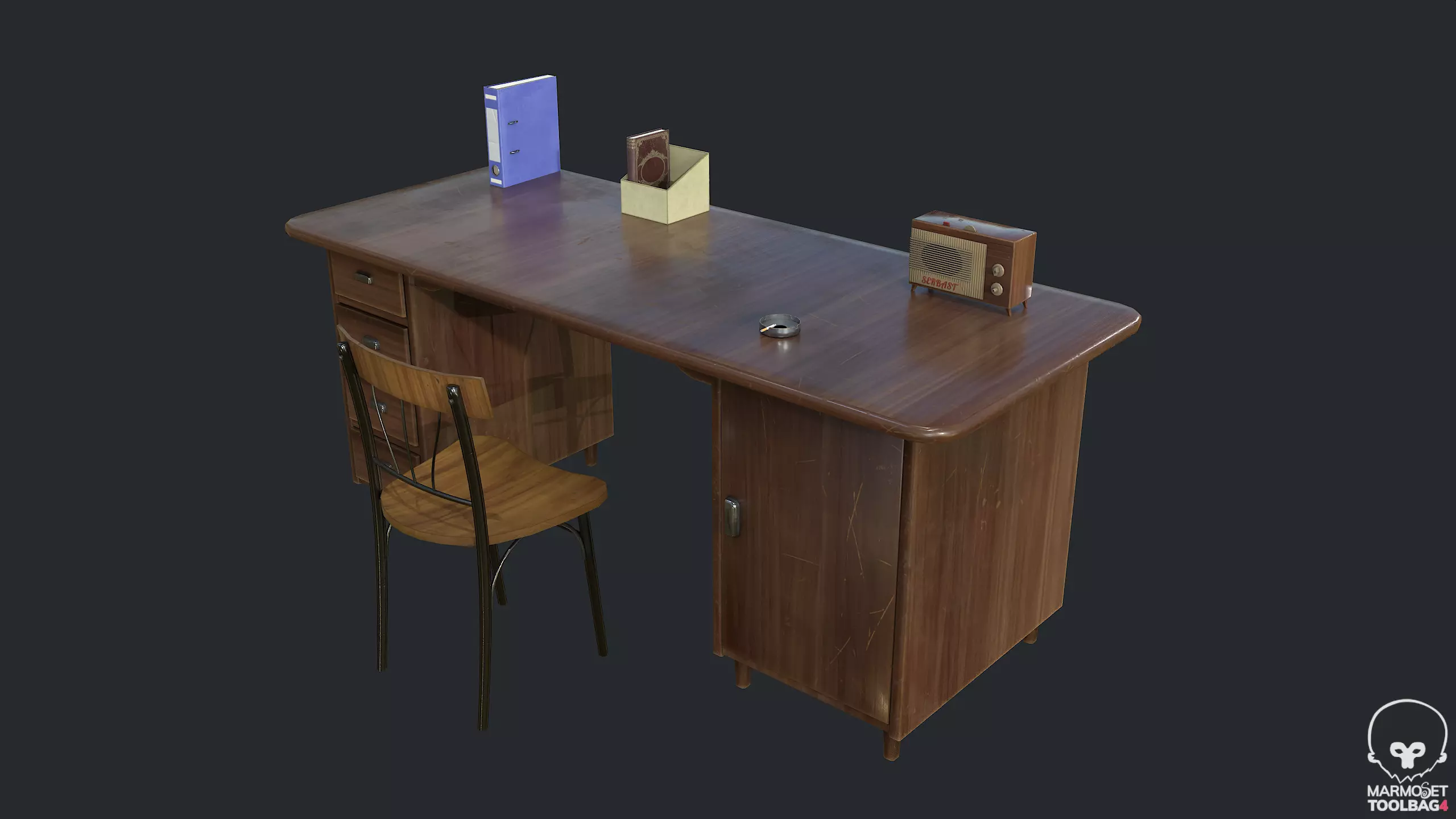 PBR Vintage Writing Table - Desk - Vintage Radio Low-poly 3D model_0