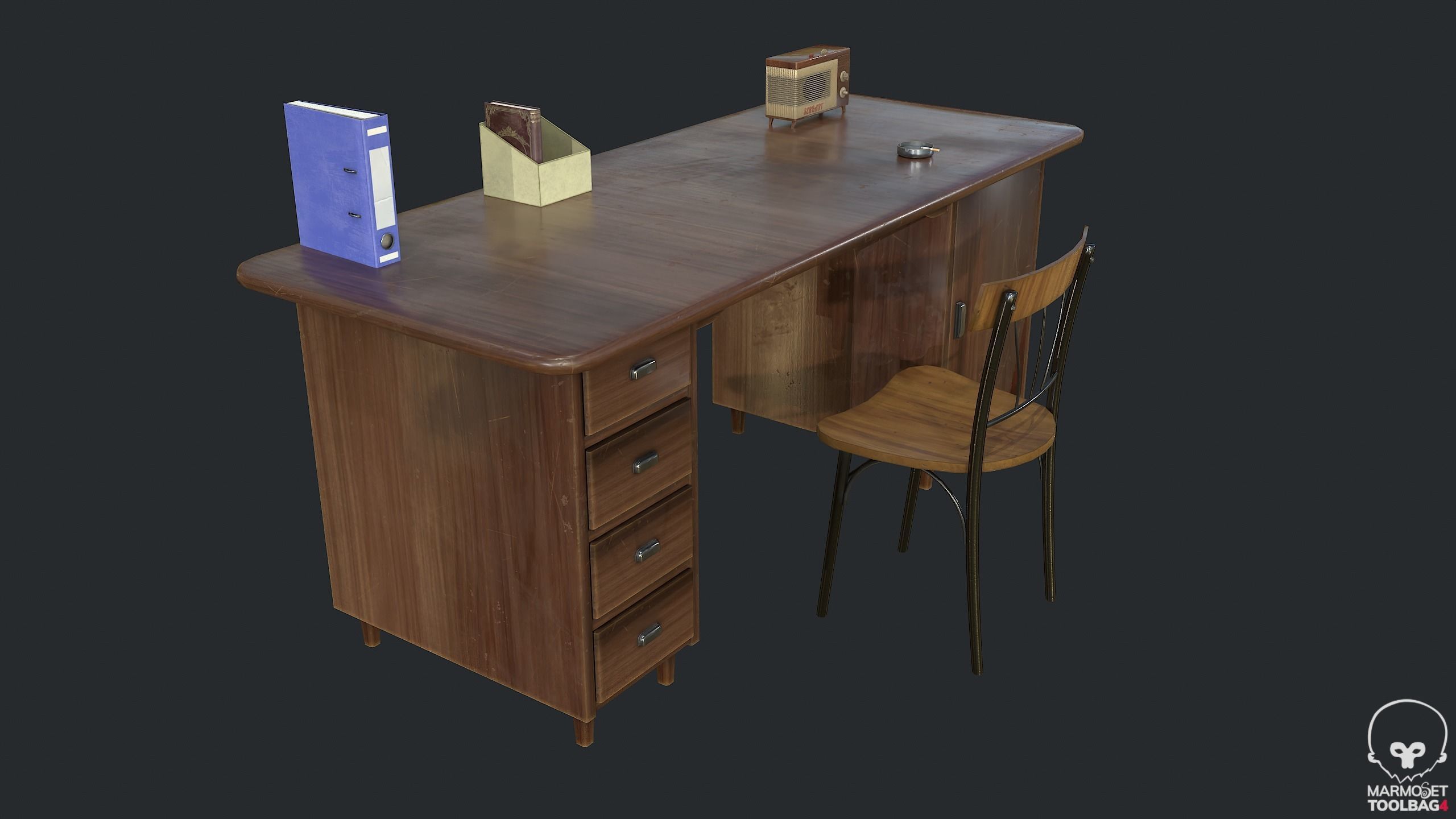 PBR Vintage Writing Table - Desk - Vintage Radio Low-poly 3D model_2