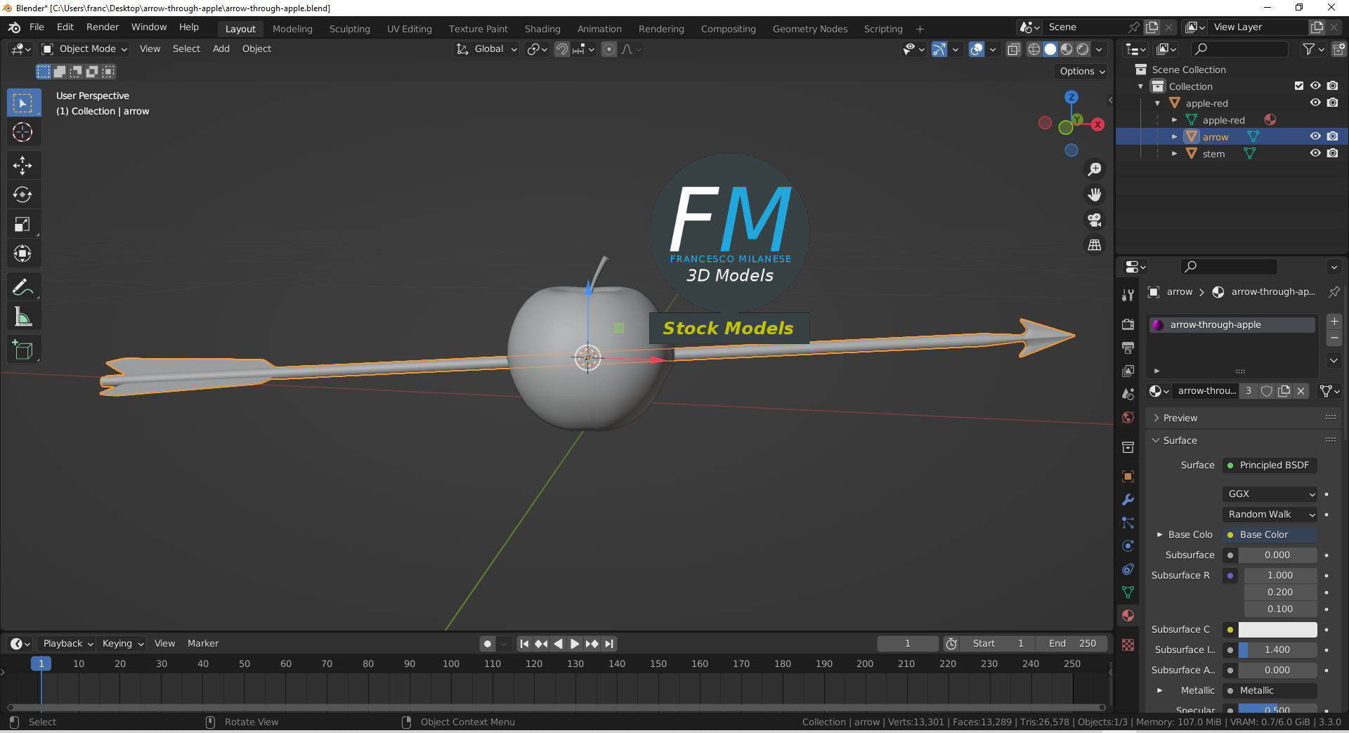 Arrow through apple 3D model_9