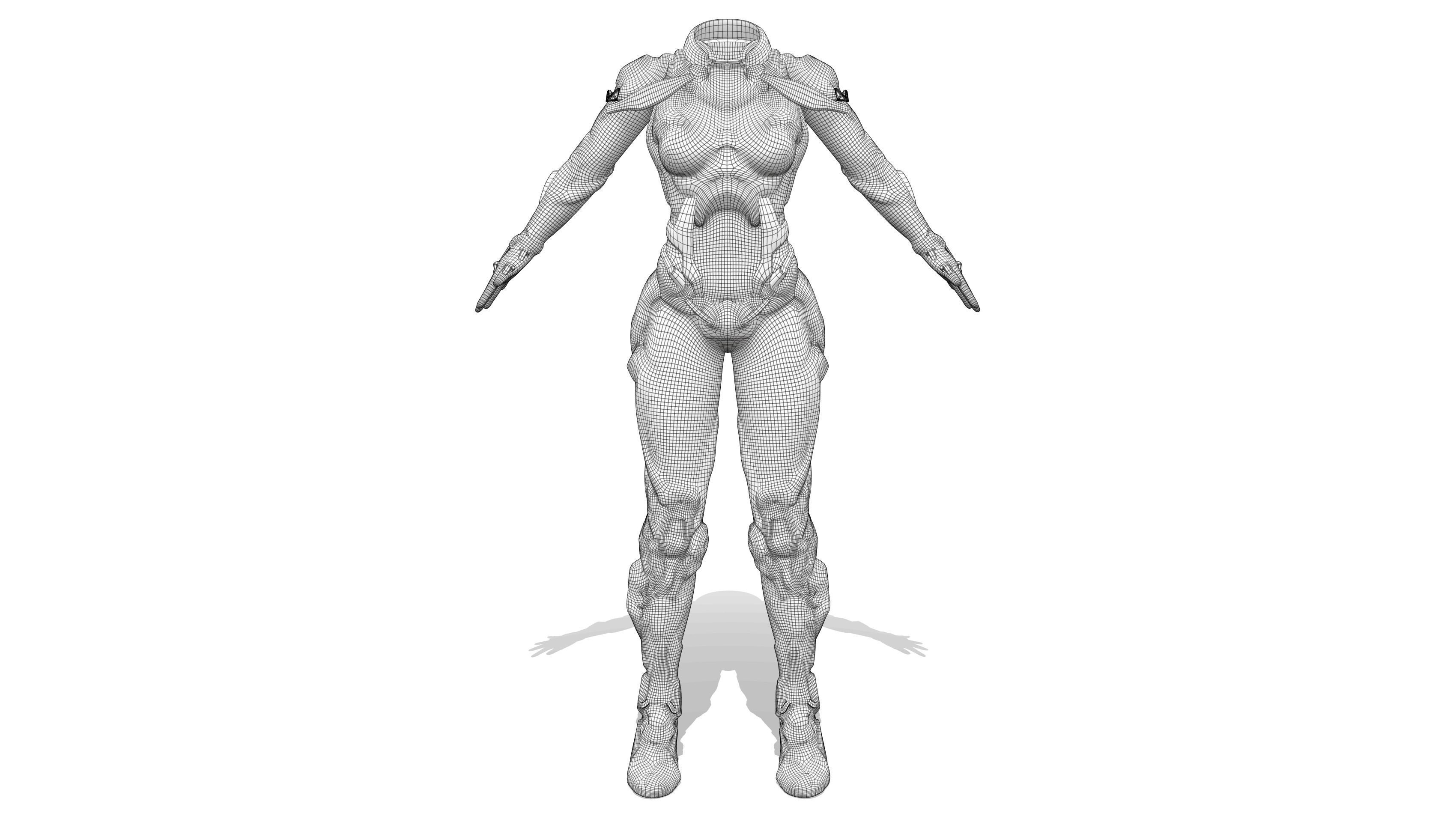 Female Full Body Sci-Fi Orange Black Bodysuit Low-poly 3D model_7