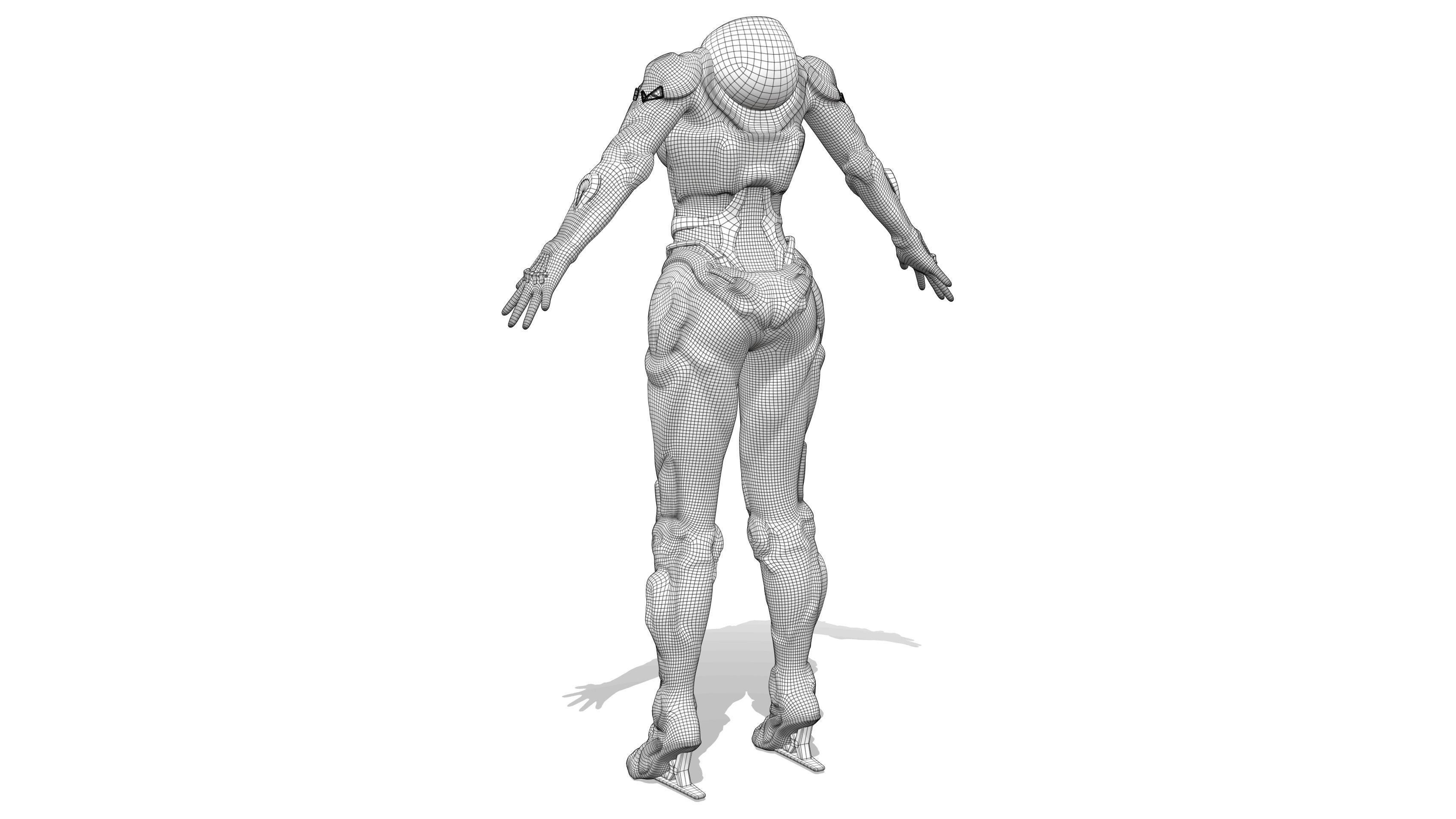 Female Full Body Sci-Fi Orange Black Bodysuit Low-poly 3D model_8