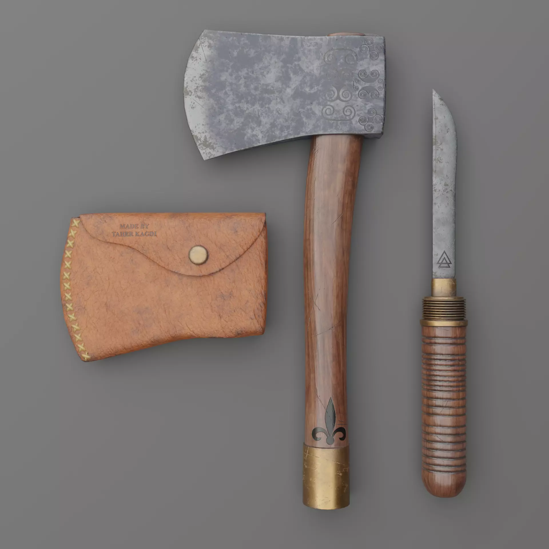 Axe Game Ready Model With Pouch and Hidden Knife  Low-poly 3D model_0