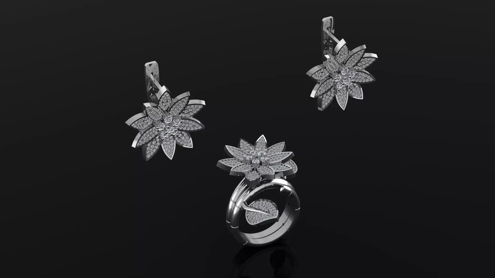 Ring and Earrings in flower style 3D print model_0