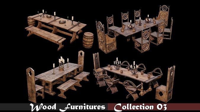 PBR WOOD FURNITURES - Collection - 03  - 4K Textures Game Ready Low-poly 3D model