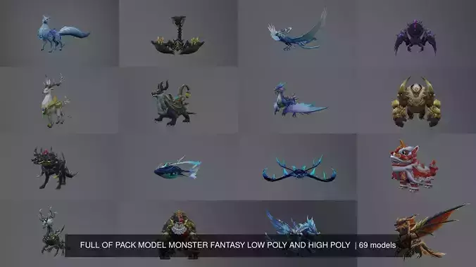FULL OF PACK 69 MODEL MONSTER FANTASY LOW POLY AND HIGH POLY  3D Model Collection