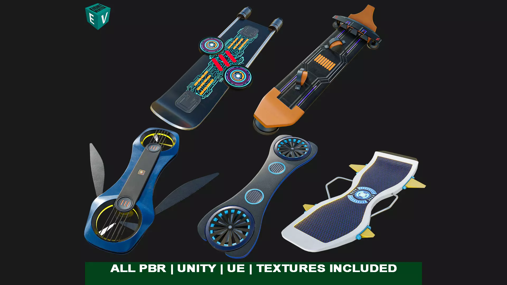 5 Sci Fi Hoverboards All PBR Unity UE Textures Included 3D Model Collection_0