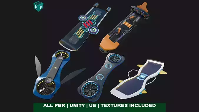 5 Sci Fi Hoverboards All PBR Unity UE Textures Included 3D Model Collection