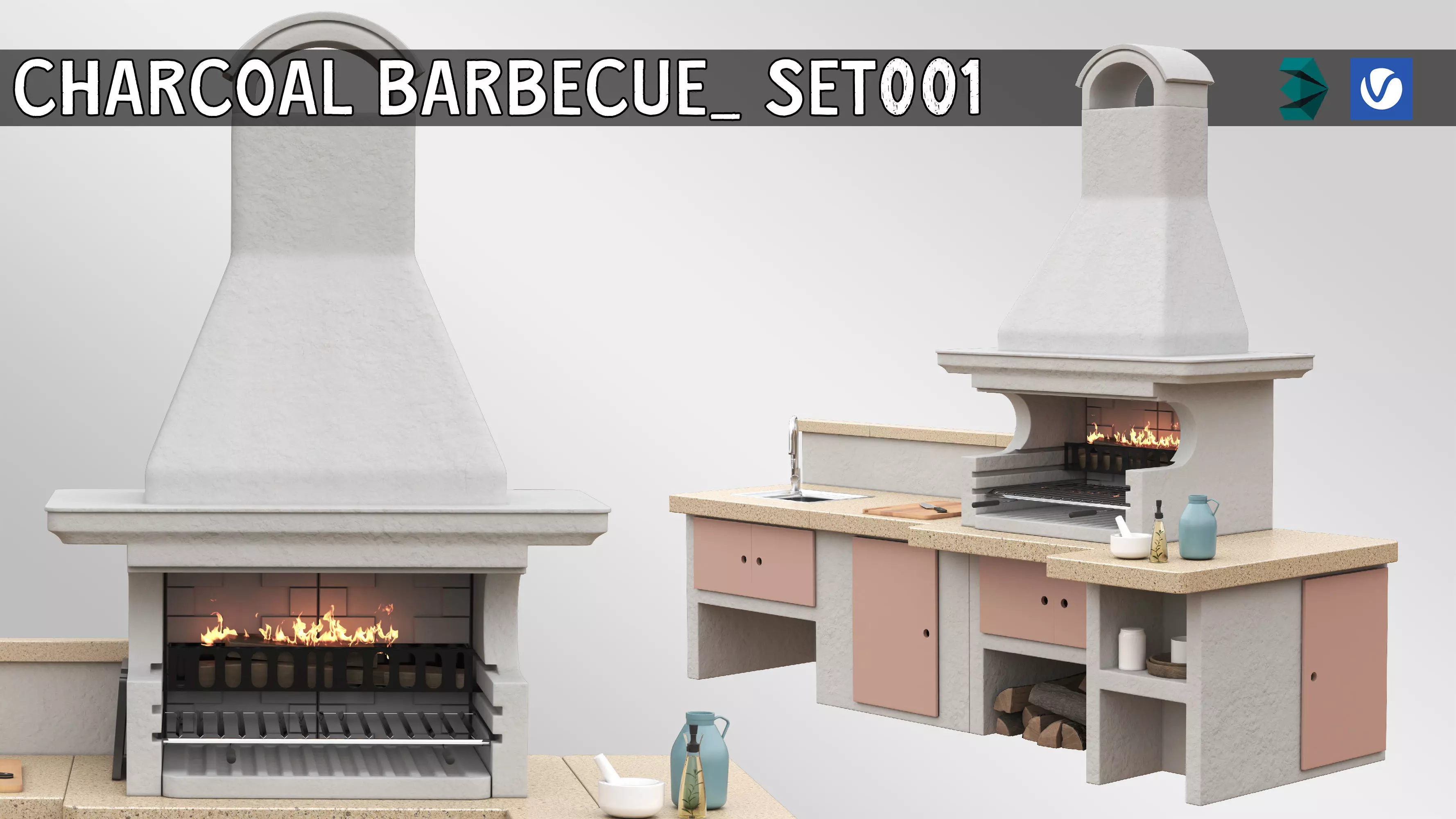 Charcoal Barbecue Set01 3D model_0