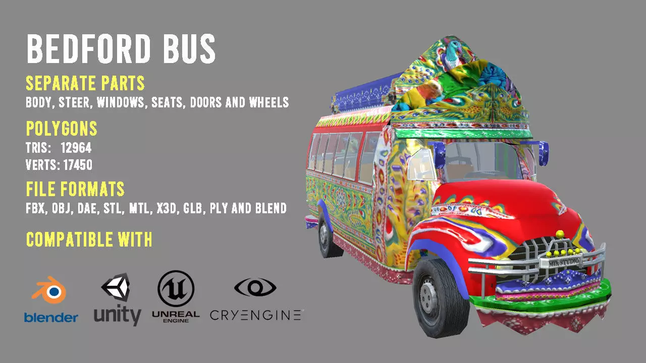 BedFord Bus Pakistani cultural art style Low-poly 3D model_0