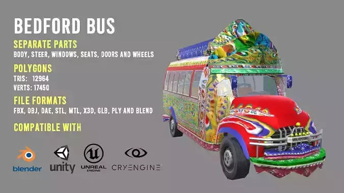 BedFord Bus Pakistani cultural art style Low-poly 3D model