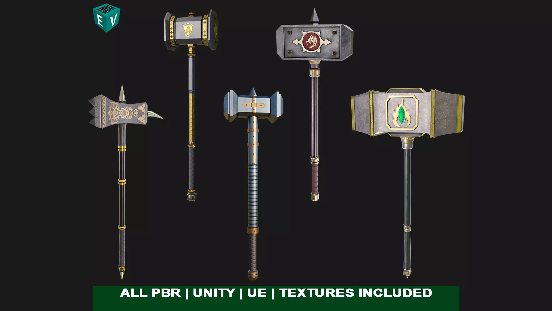 5 Battle Hammers Collection All PBR Unity UE Textures Included _0