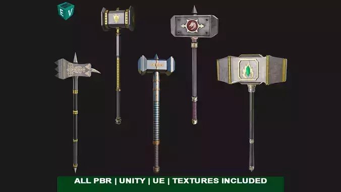 5 Battle Hammers Collection All PBR Unity UE Textures Included 