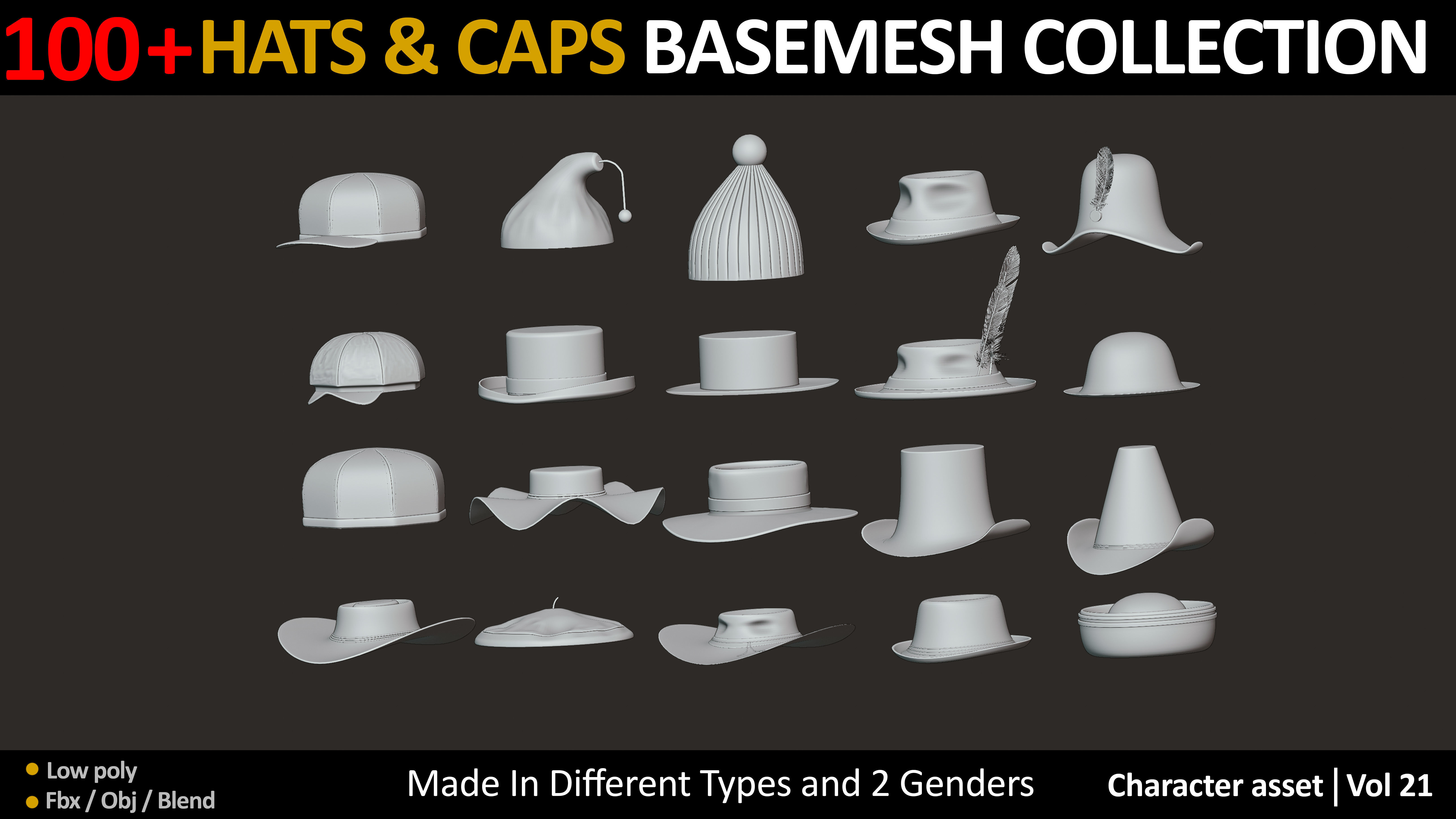 100 JEFF HATS and CAPS Low-poly 3D model_5