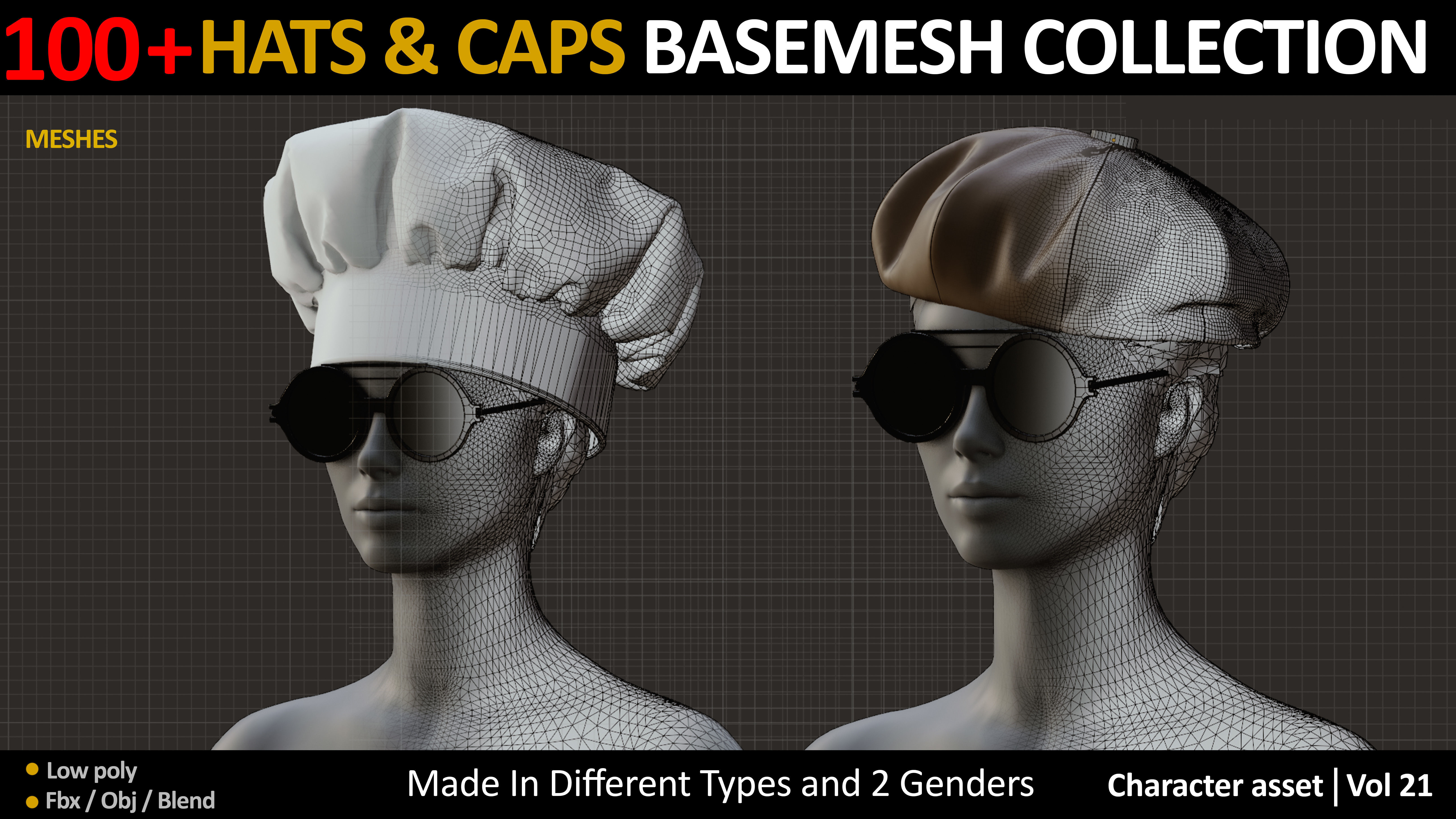 100 JEFF HATS and CAPS Low-poly 3D model_6