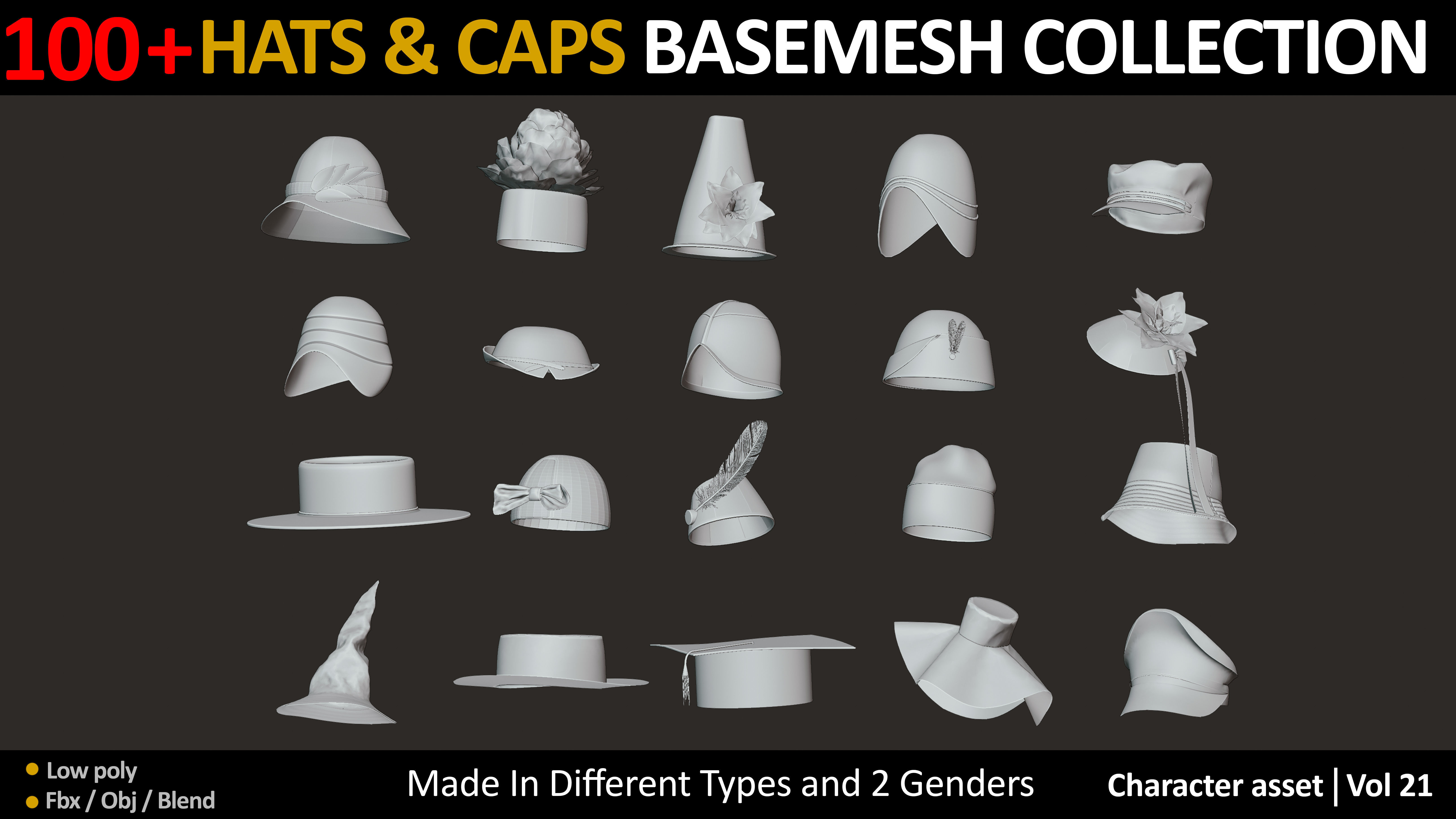 100 JEFF HATS and CAPS Low-poly 3D model_4