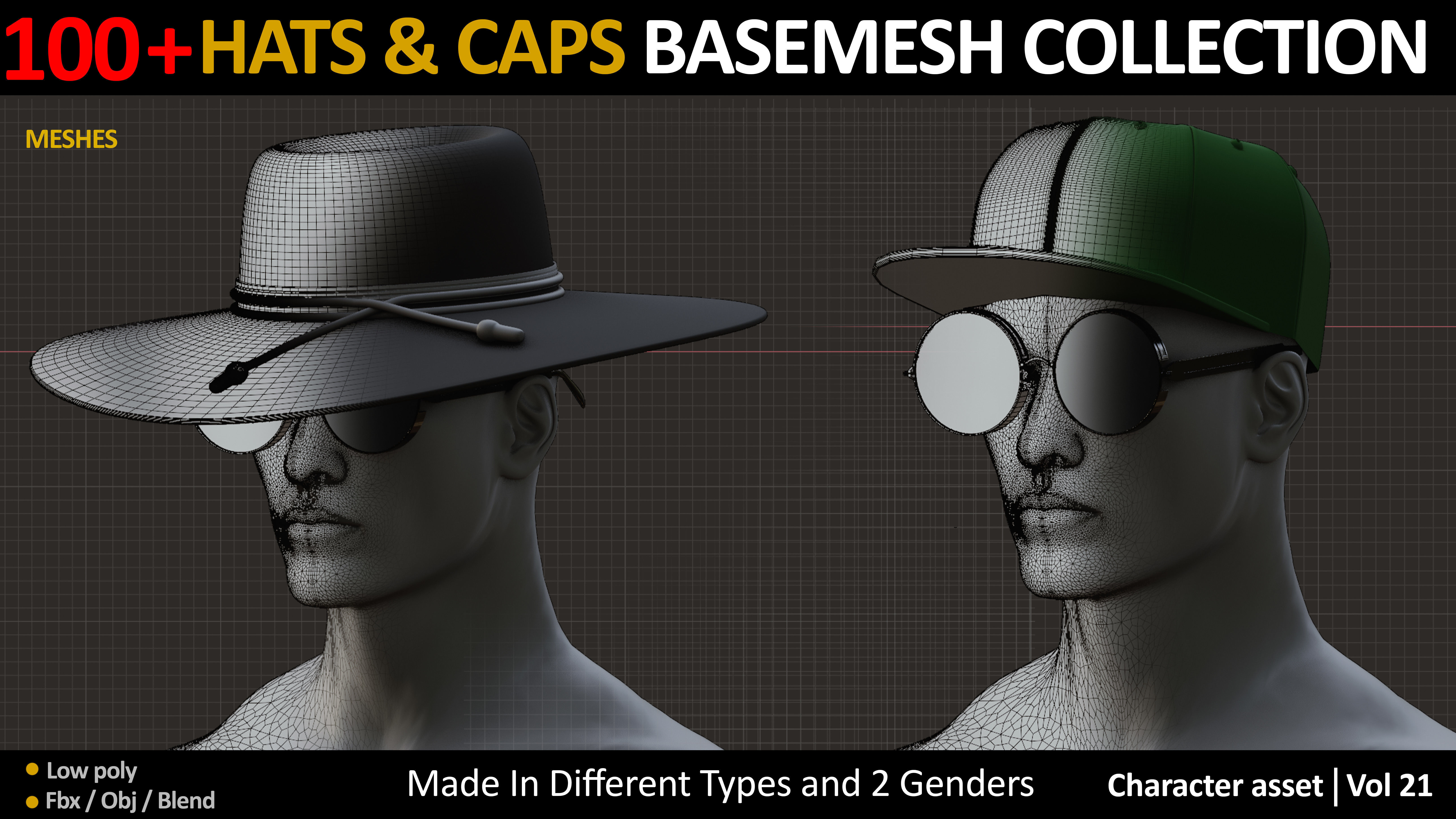 100 JEFF HATS and CAPS Low-poly 3D model_7