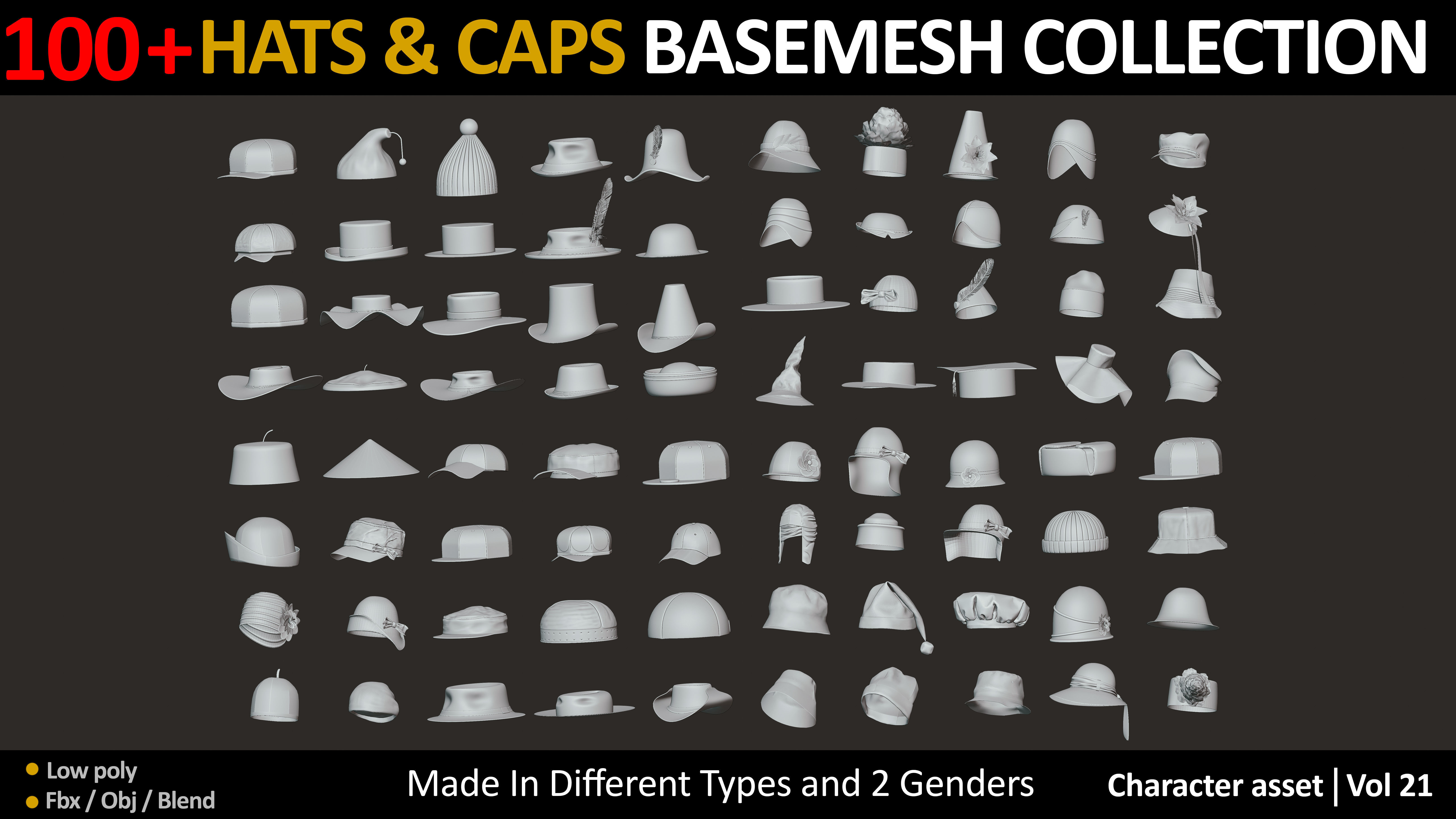 100 JEFF HATS and CAPS Low-poly 3D model_1