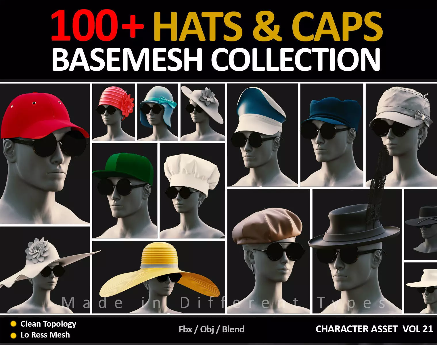 100 JEFF HATS and CAPS Low-poly 3D model_0